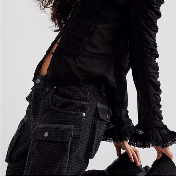 Free People London Calling Slouchy Cord Jeans Plaid Print Black New wtag 30 - Picture 2 of 3